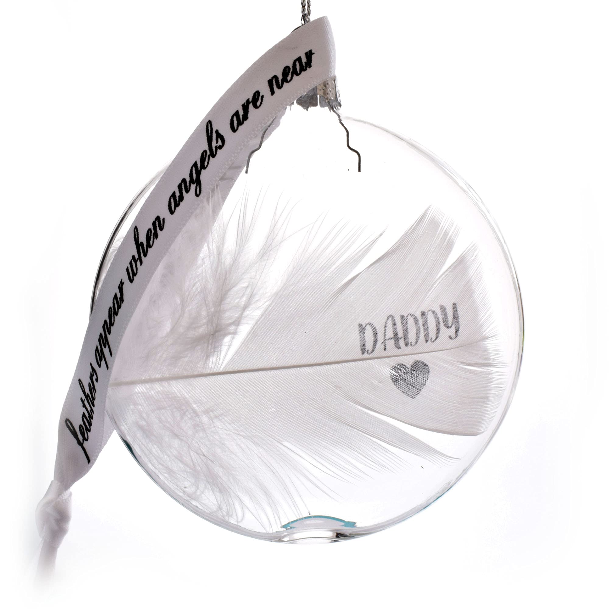 Daddy White Feather In Memory Bauble. Christmas Tree Glass Decoration. Round Handmade
