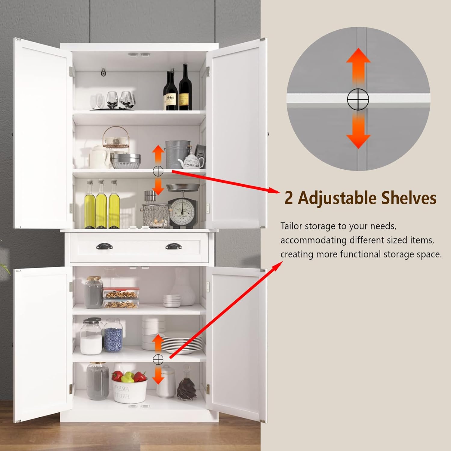 72" Kitchen Pantry Storage Cabinet with Doors and Shelves Freestanding Kitchen Cupboard with Drawer Food Pantry Cabinet Wood White Storage Cabinet for Dining Room Living Room Bathroom