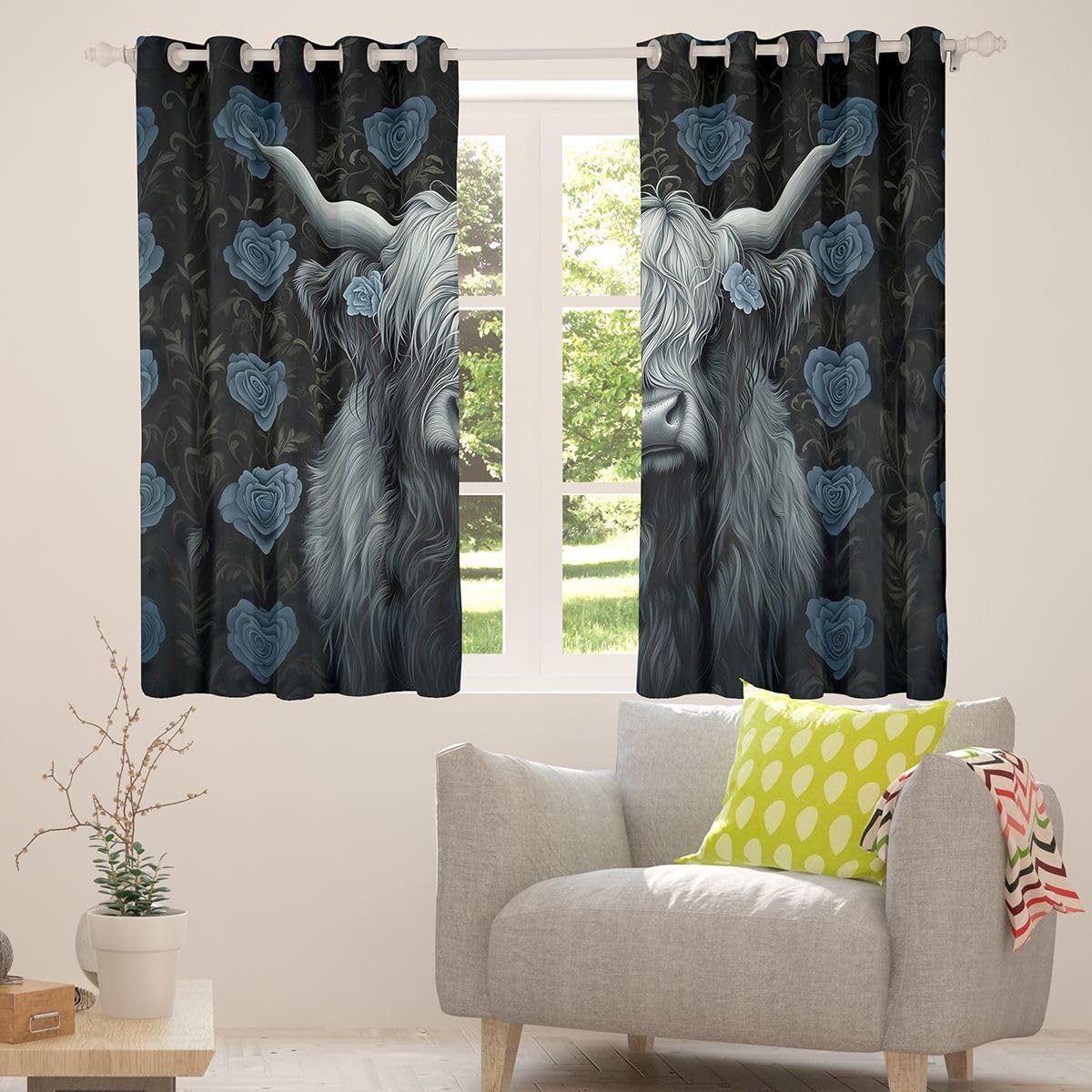 Feelyou Highland Cow Blackout Curtains Western Funny Animal Darkening Drapes for Bedroom Living Room Decor Farm Daisy Floral Thermal Insulated Shades Window Treatments, 2 Panels 38 x 54 Inch