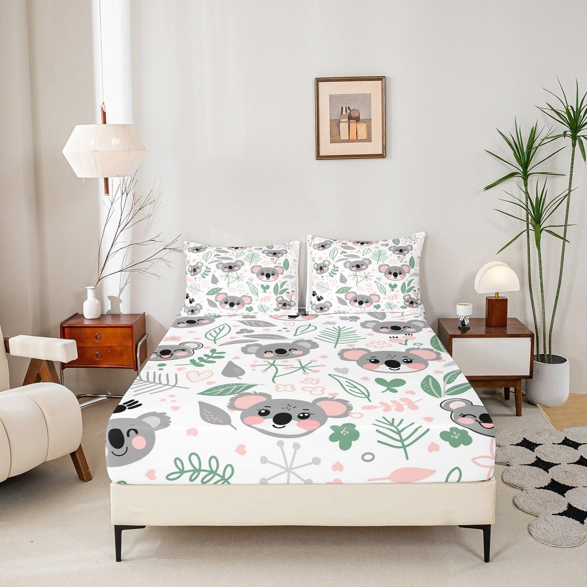 Koala Fitted Sheet Twin Size, Cartoon Bed Sheet Set for Kids Toddler, Cute Botanical Plant Bed Cover, Lightweight Bedding Set