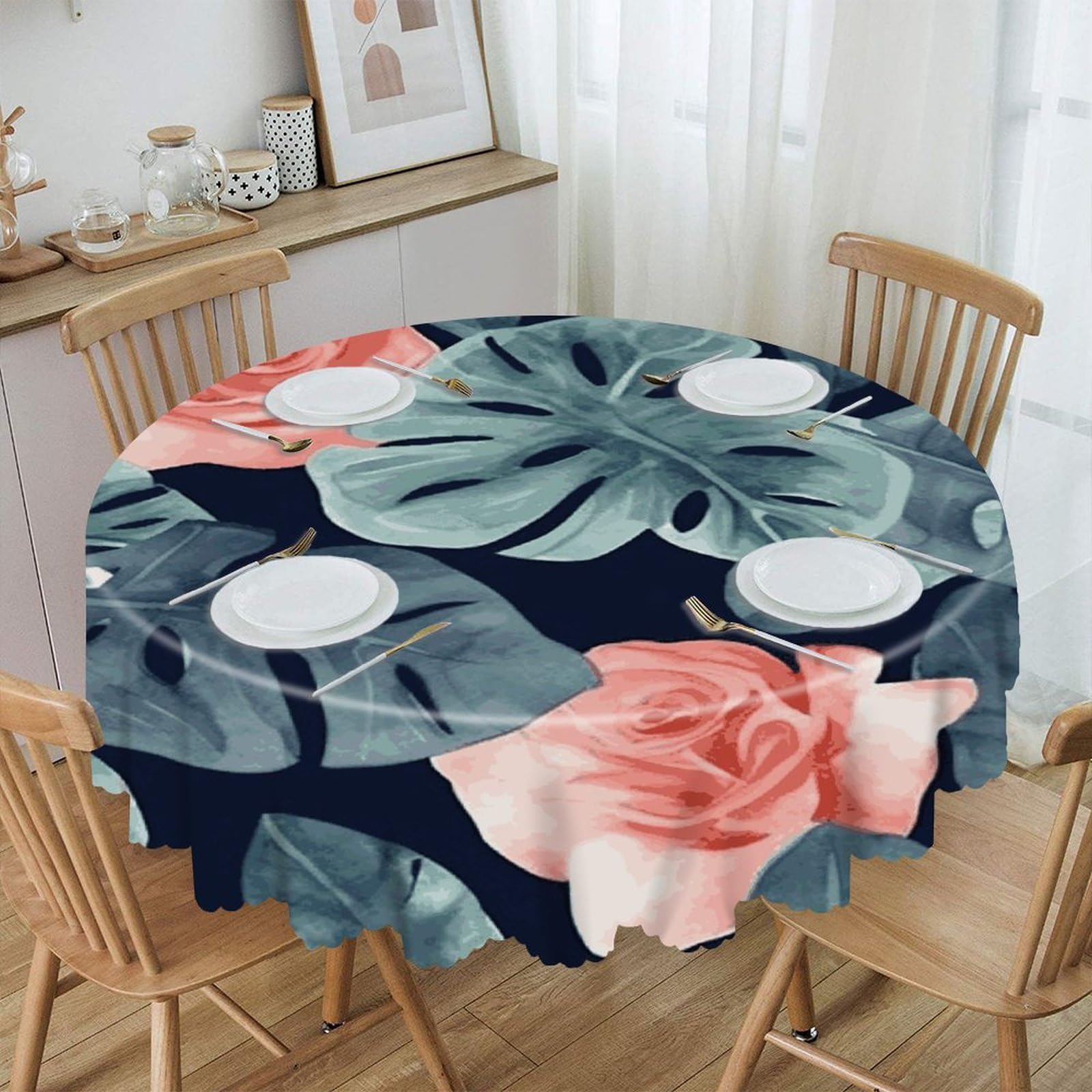 VstaDank Watercolor Monstera Pattern Round Tablecloth 60 Inch Easy to Clean Circle Table Cover Thick Decorative Round Polyester Table Cloth for Dining Kitchen Party Farmhouse Outdoor