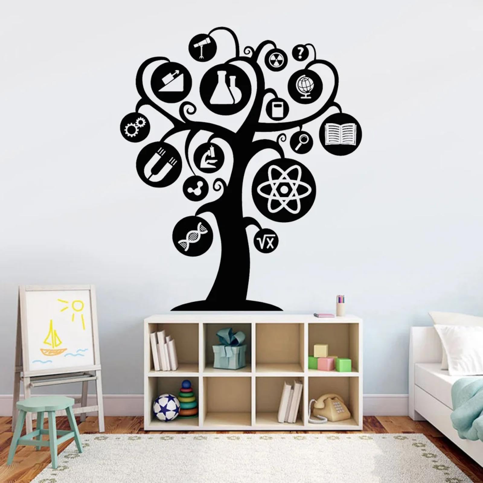 Vinilo infantil de árbol científico adhesivo para decoración de pared en colegios y hogar