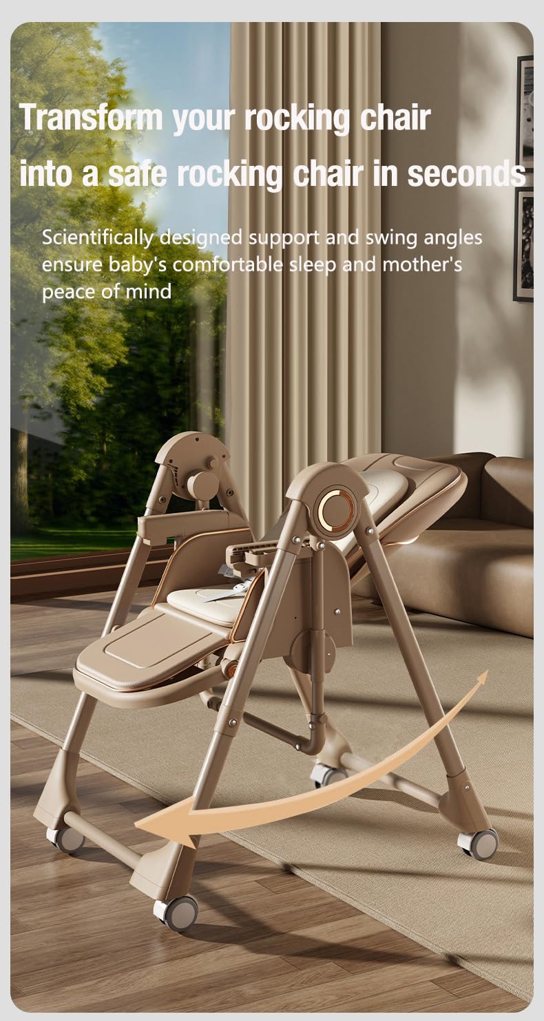 PU Leather Baby High Chair with Swing Function for Babies and Toddlers, Foldable Baby Eating Chair with Adjustable Backrests and Heights, Convertible Highchairs with Wheels (X8121 Khaki)