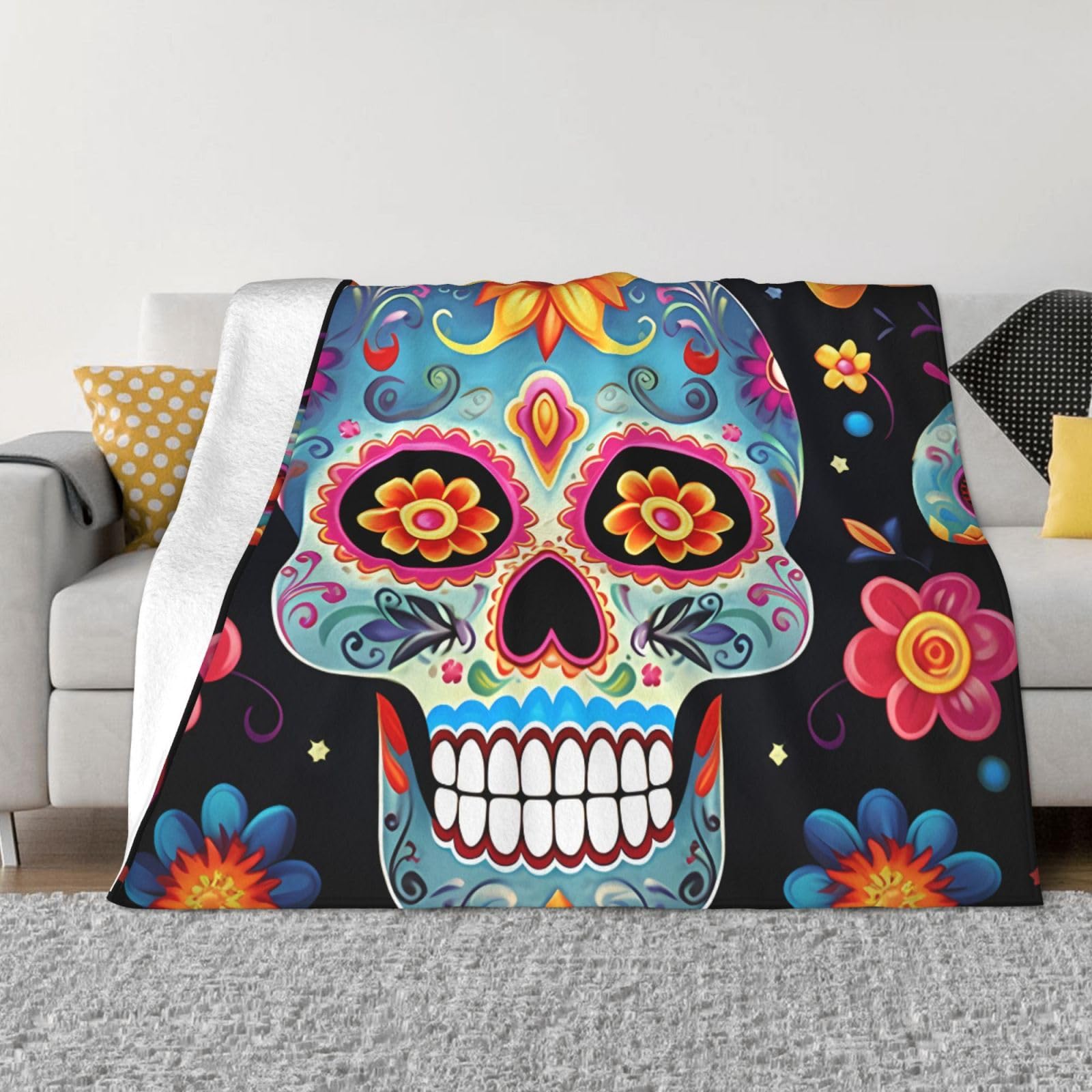 KLOPH Sugar Skulls Throw Blanket 50"x40" Flannel Fluffy Warm Blanket for Couch, Reversible Plush Blankets for Bed, Comfy Fuzzy Blanket for Sofa, Plush Lightweight-Blankets for All Season