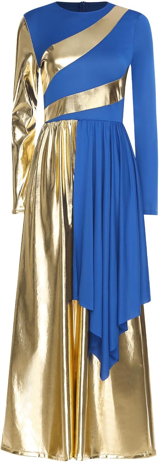 Vxuxlje Womens Praise Dance Dress Metallic Patchwork Long Sleeve Dress Choir Worship Dance Costume