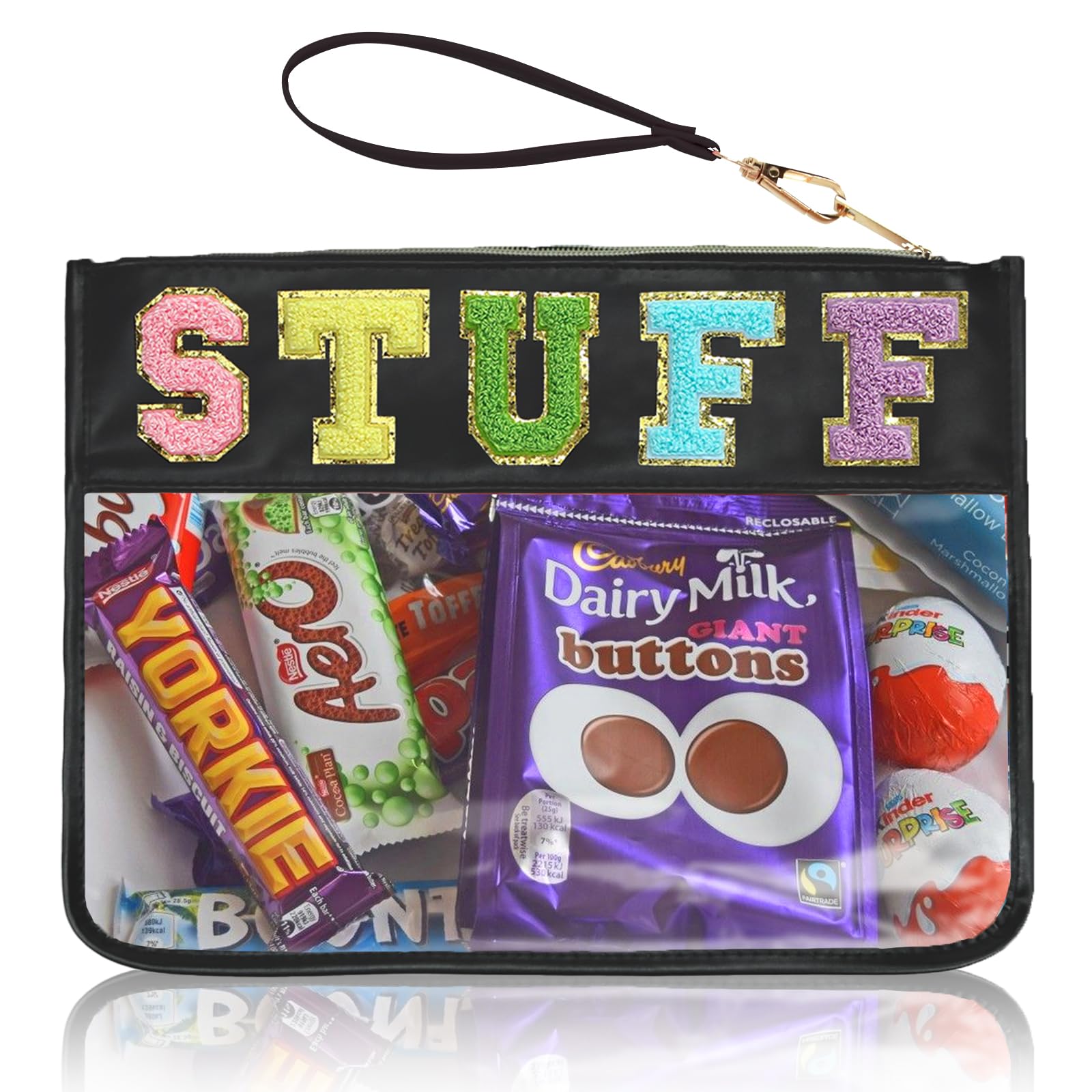 Chenille Letter Clear Zipper Pouch for Travel Preppy Stuff Bag Aesthetic Storage Organizer Pouches for Women with Glitter Patch Letters (Black-Stuff)