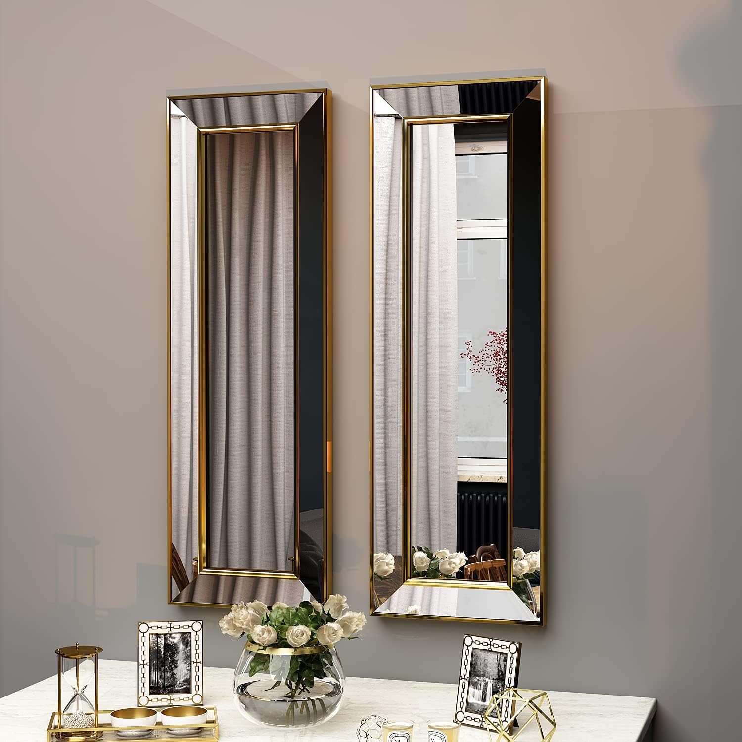Becomin 5774 Wall Mirror, Bathroom Mirror, Vanity Mirror, Mirrored Frame, Gold-Plated, Modern, 30 x 90 x 3.5 cm Set of 2