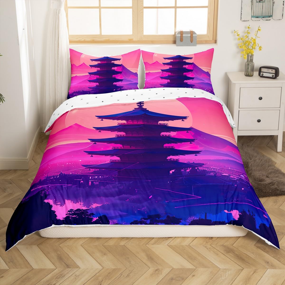Homemissing Japanese Style Duvet Cover Set Single Size For Adults Girls Boys Kids Hokusai Pattern Bedding Set Japanese Ukiyoe Comforter Cover with 1 Pillowcase Sunset Bed Sets — image 1