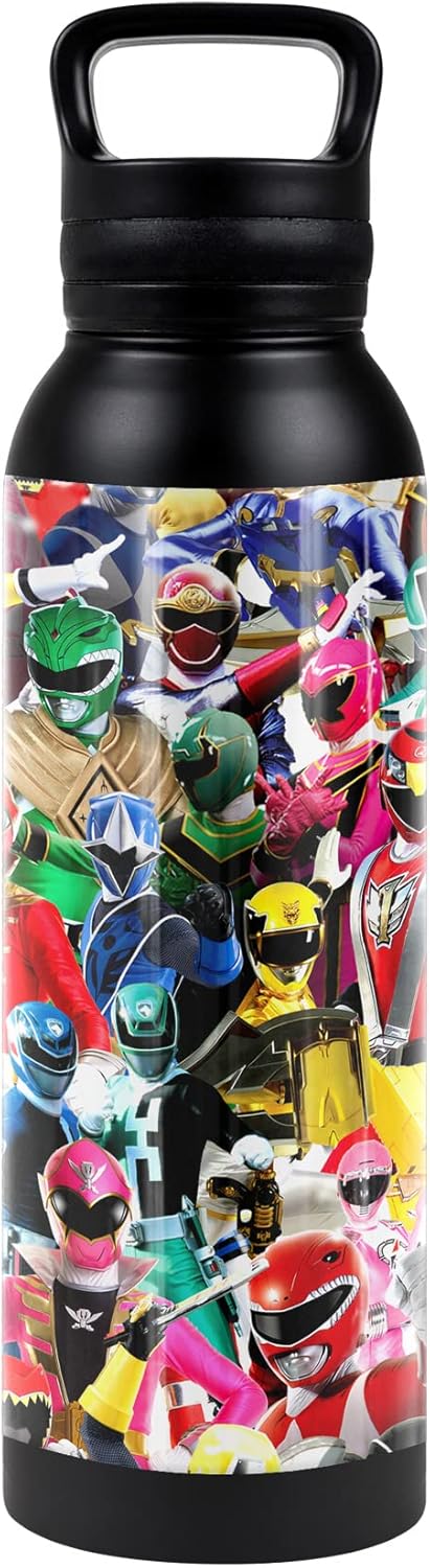 Power Rangers OFFICIAL Crowd Of Rangers 24 oz Insulated Canteen Water Bottle, Leak Resistant, Vacuum Insulated Stainless Steel with Loop Cap