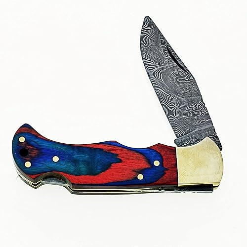 Miniatura 5 de Cuchillo plegable de acero de Damasco hecho a mano personalizado/cuchillo de bolsillo SS-17482 (madera de color rojo y azul) (negro)