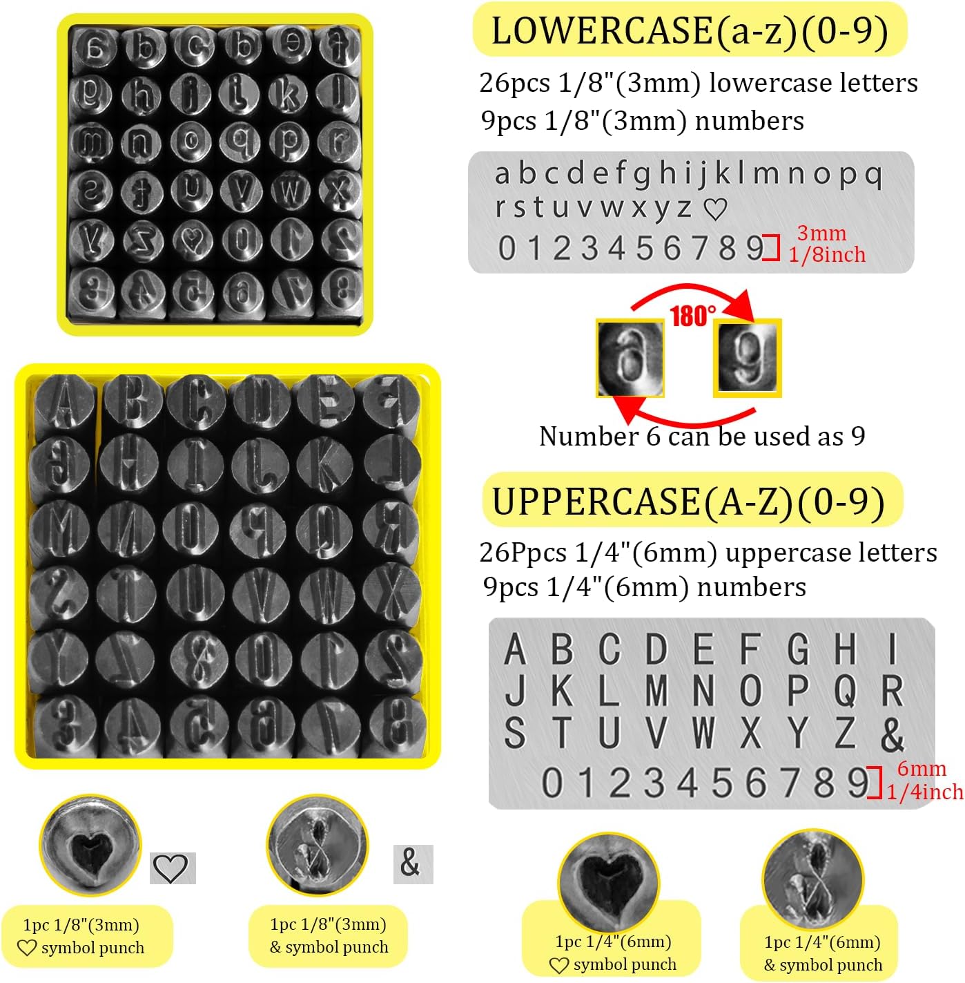 76Pcs Metal Stamping Kit, 1/4"(6mm) Font Uppercase And1/8"(3mm) Lowercase Letter and Number Punches, Steel Block, Metal Stamping Hammer(74Pcs 6mm+ 3mm)