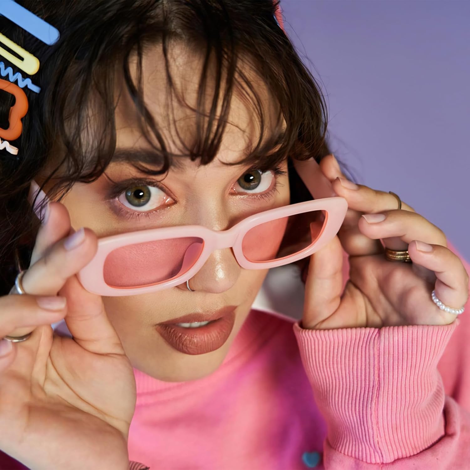 10 Pack Neon/Black Rectangle Sunglasses Bulk for Women Men Retro Trendy Small Rectangle Glasses Party Favors - Image 2