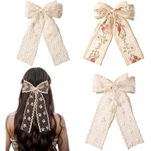 LFOUVRE Beige Lace Hair Bows with Embroidered Flowers - Bowknots, Barrettes, and Hair Clips with Long Tails for Women 3pcs