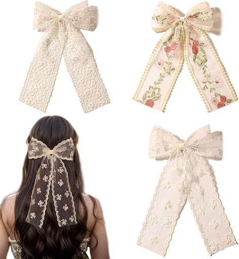 LFOUVRE Beige Lace Hair Bows with Embroidered Flowers - Bowknots, Barrettes, and Hair Clips with Long Tails for Women (3pcs)