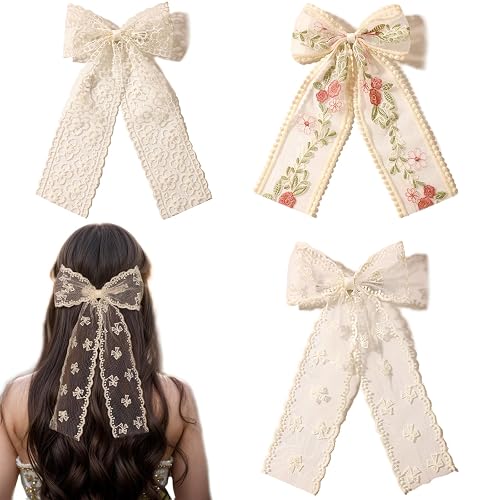 LFOUVRE Beige Lace Hair Bows with Embroidered Flowers - Bowknots, Barrettes, and Hair Clips with Long Tails for Women (3pcs)