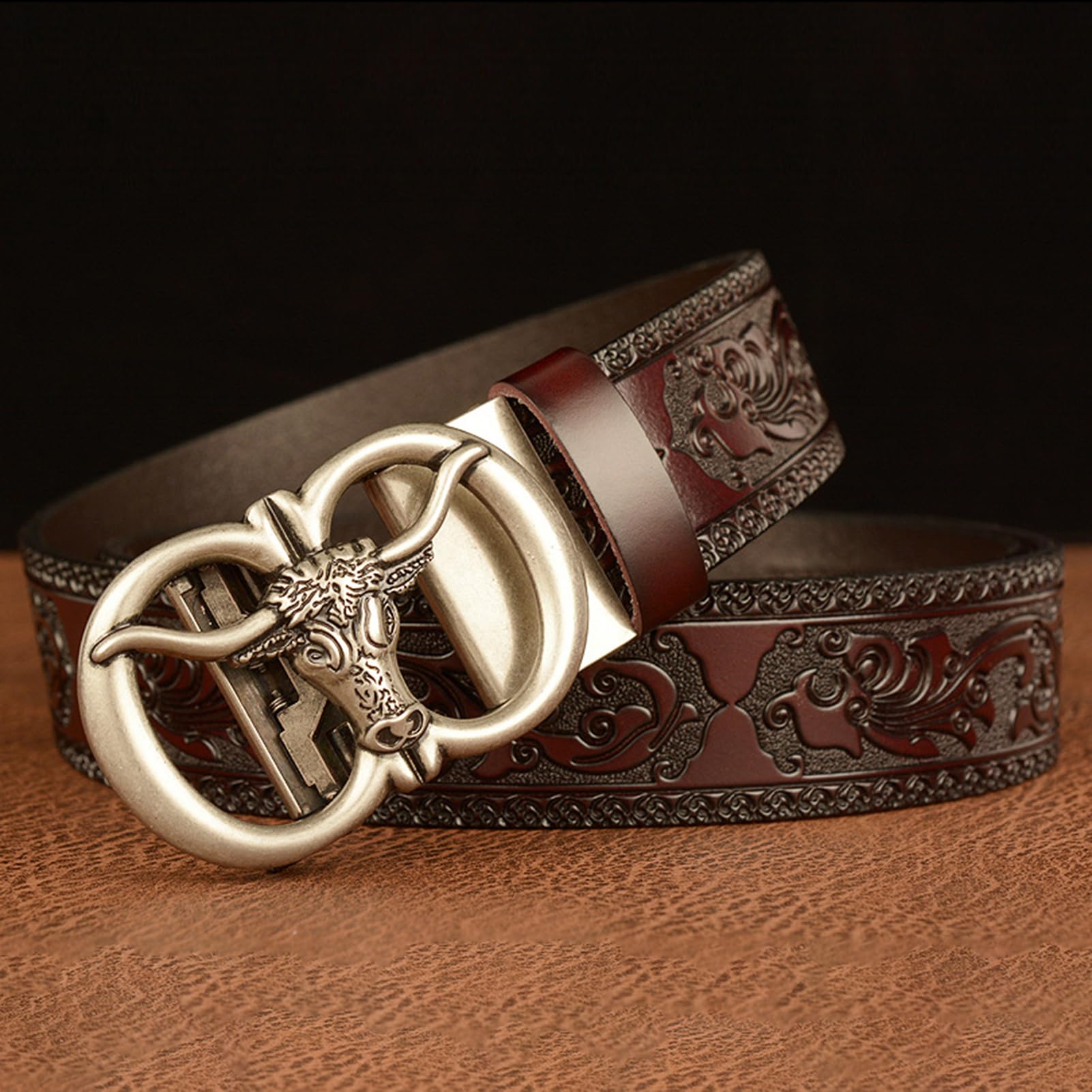Cinturón De Cuero Con Trinquete Deslizante, Hebilla Automática Tallada En León, Diseño Relieve, Cinturón Informal Cintura 110cm/36-38"