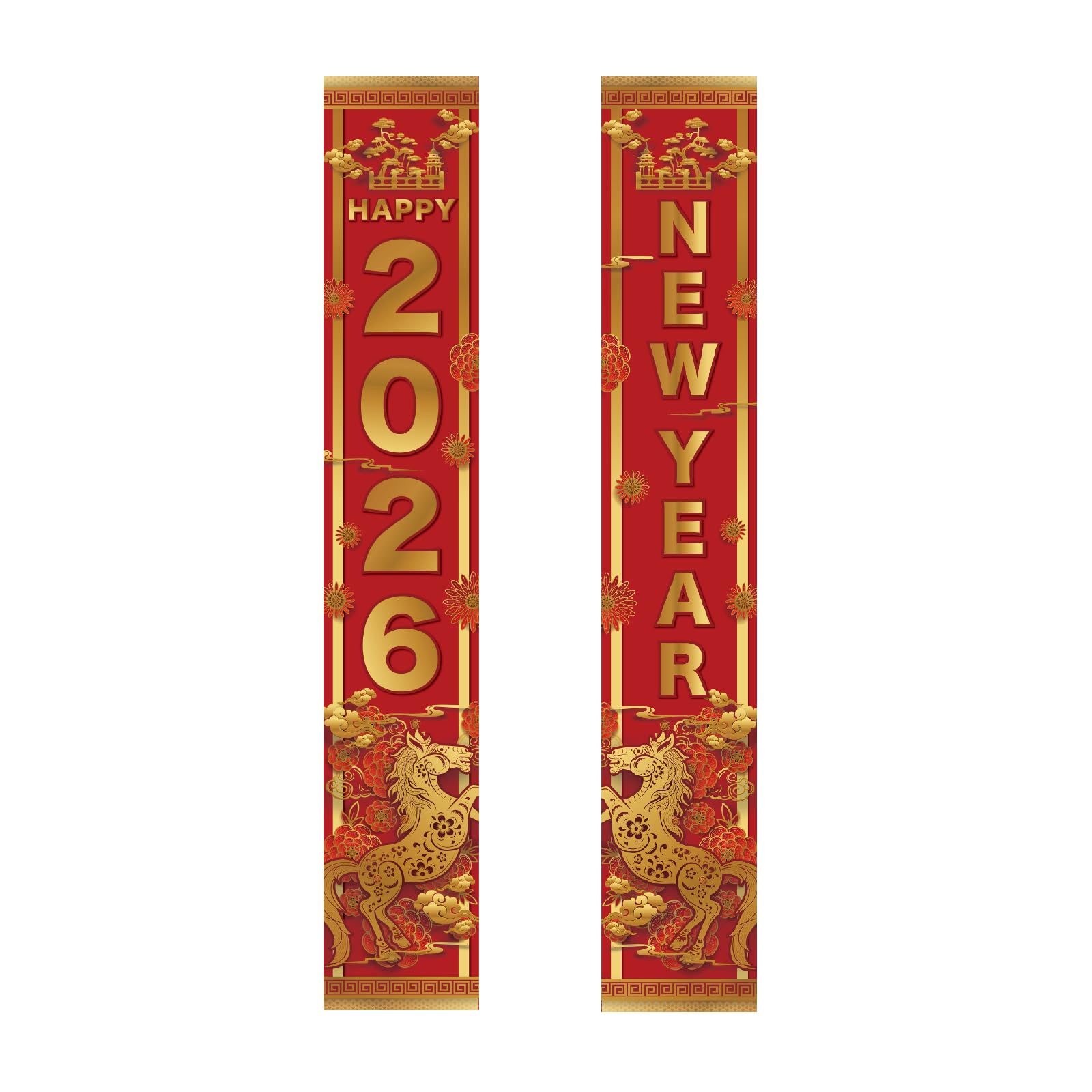 Chinese New Year Decorations 2026 Happy New Year Banner Year of the Horse Spring Festival Couplets for Door Window Party Accessories Decor New Years Eve Decorations 2026 Banner Porch Sign,Red 2Pcs