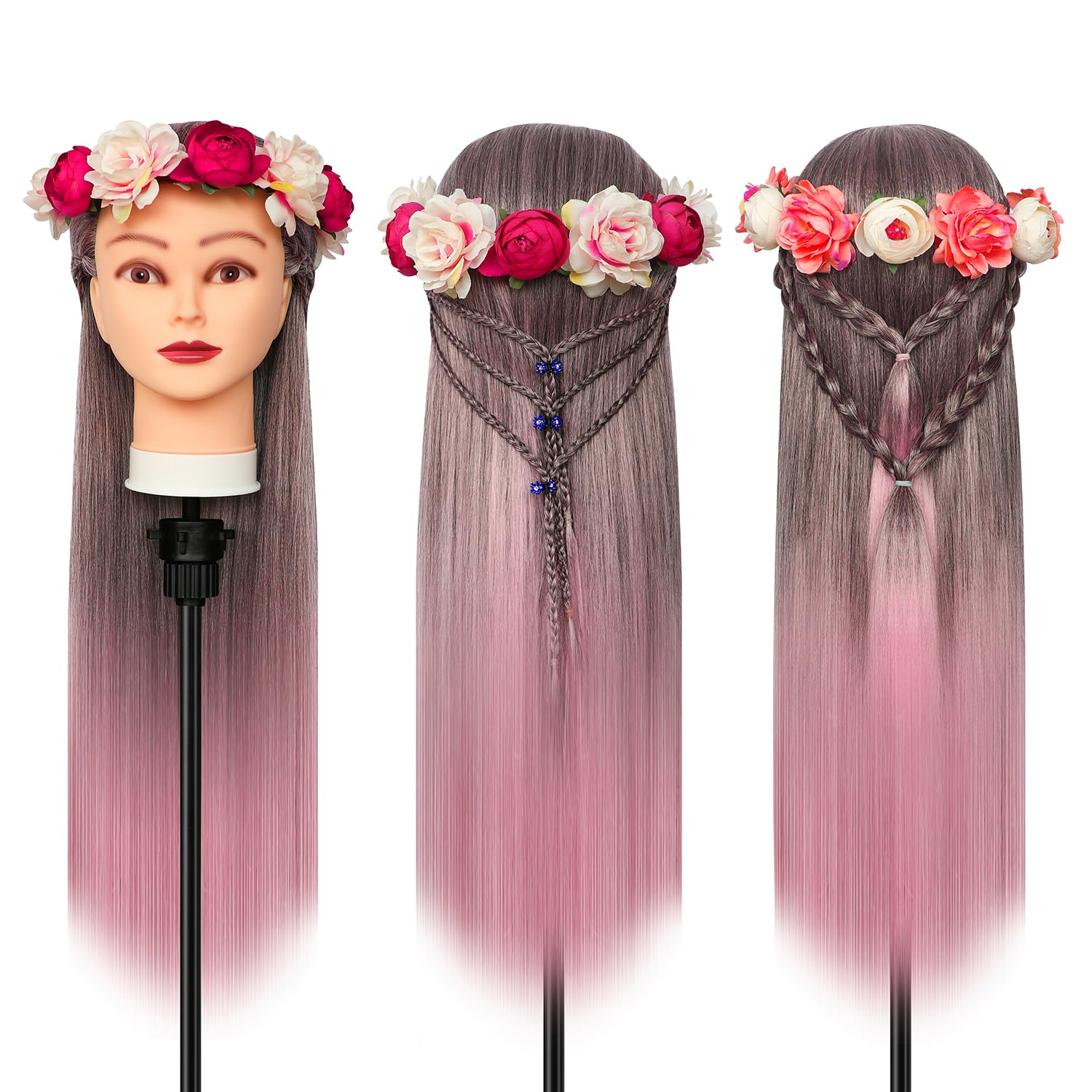 Styling Head 28 inch Training Head 100% Synthetic Fibres Hairdressing Head Hairdresser Training Heads with Free Clamp and DIY Braiding Set (Gradient powder) - Image 3