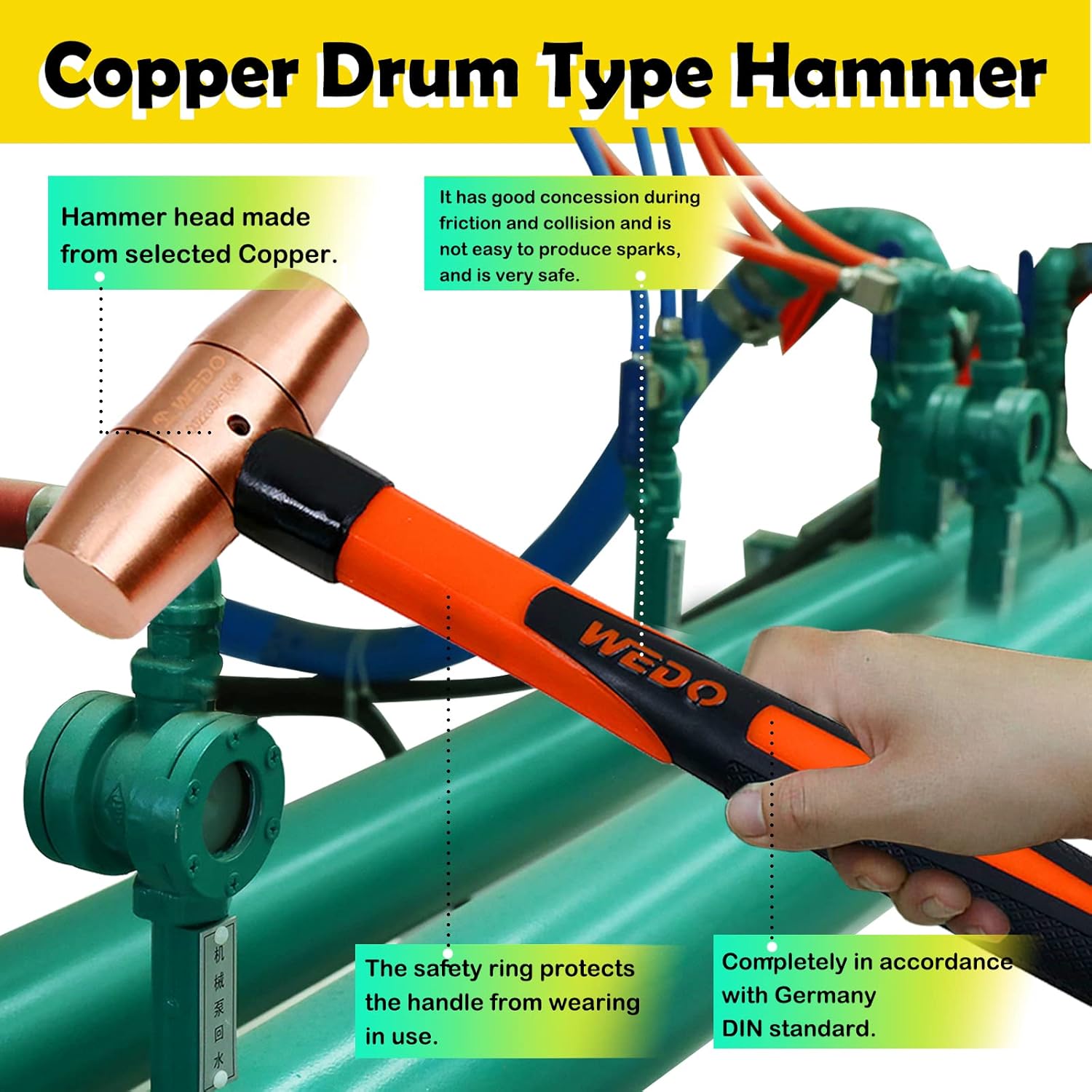 WEDO Copper Sledge Hammer 2lb,Solid Copper Mallet Hammer,Fiberglass Handle,Length 350mm,Die-Forged, Corrosion Resistant, DIN Standard