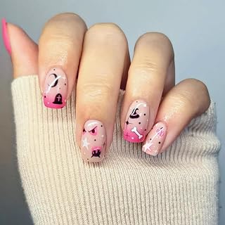 Cute Halloween Press on Nails Short Square Fake Nails with Pumpkin Bones Star Designs Pink False Nail Halloween Nails Press on Reusable Full Cover Glue on Nail Artificial Nail Kit for Women 24Pcs