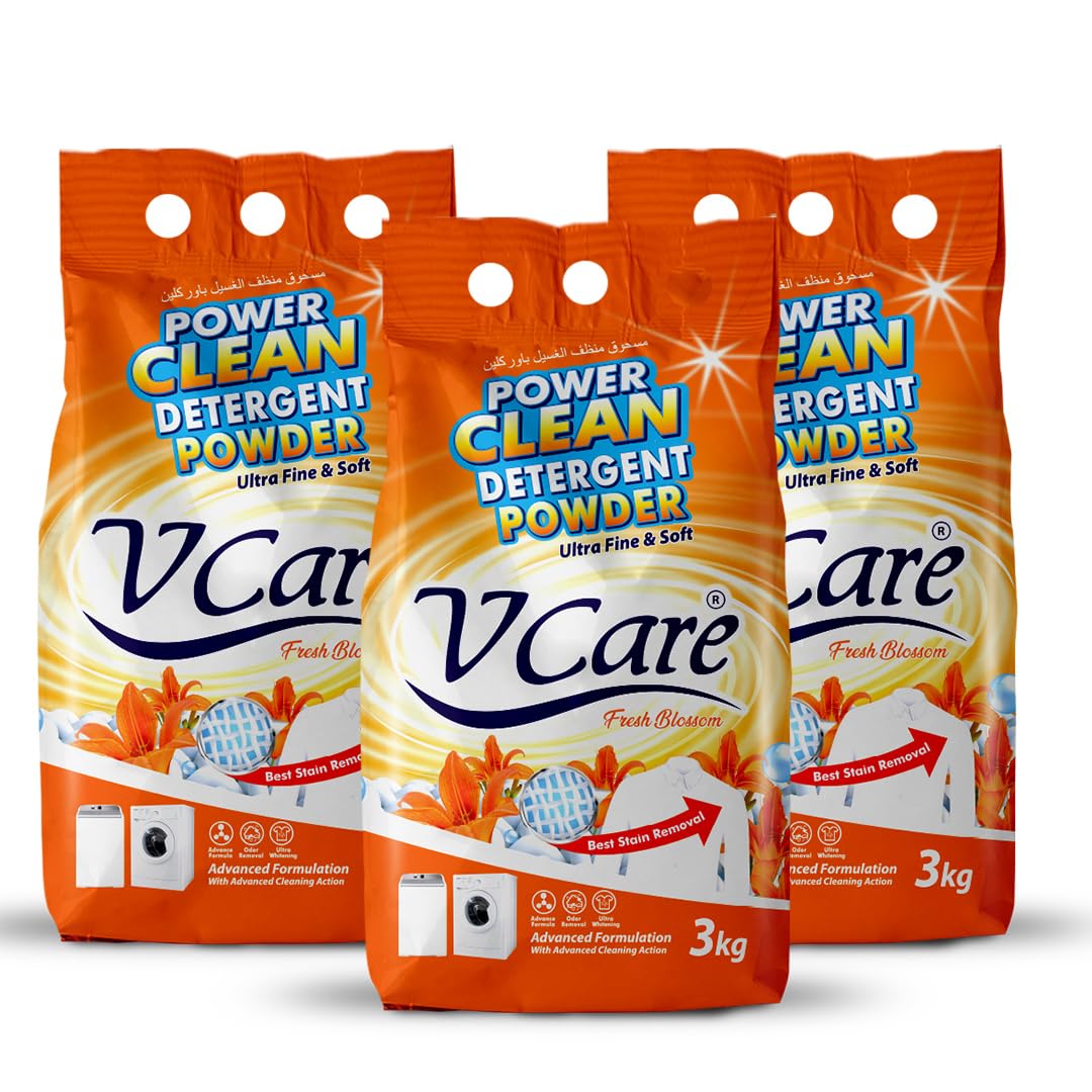 VCare Power Clean Laundry Detergent Powder 3kg Pack of 3- Effortless Stain Removal - Removes Odour and Provides Advanced Cleaning Formula with Fresh Blossom Scent- 9kg