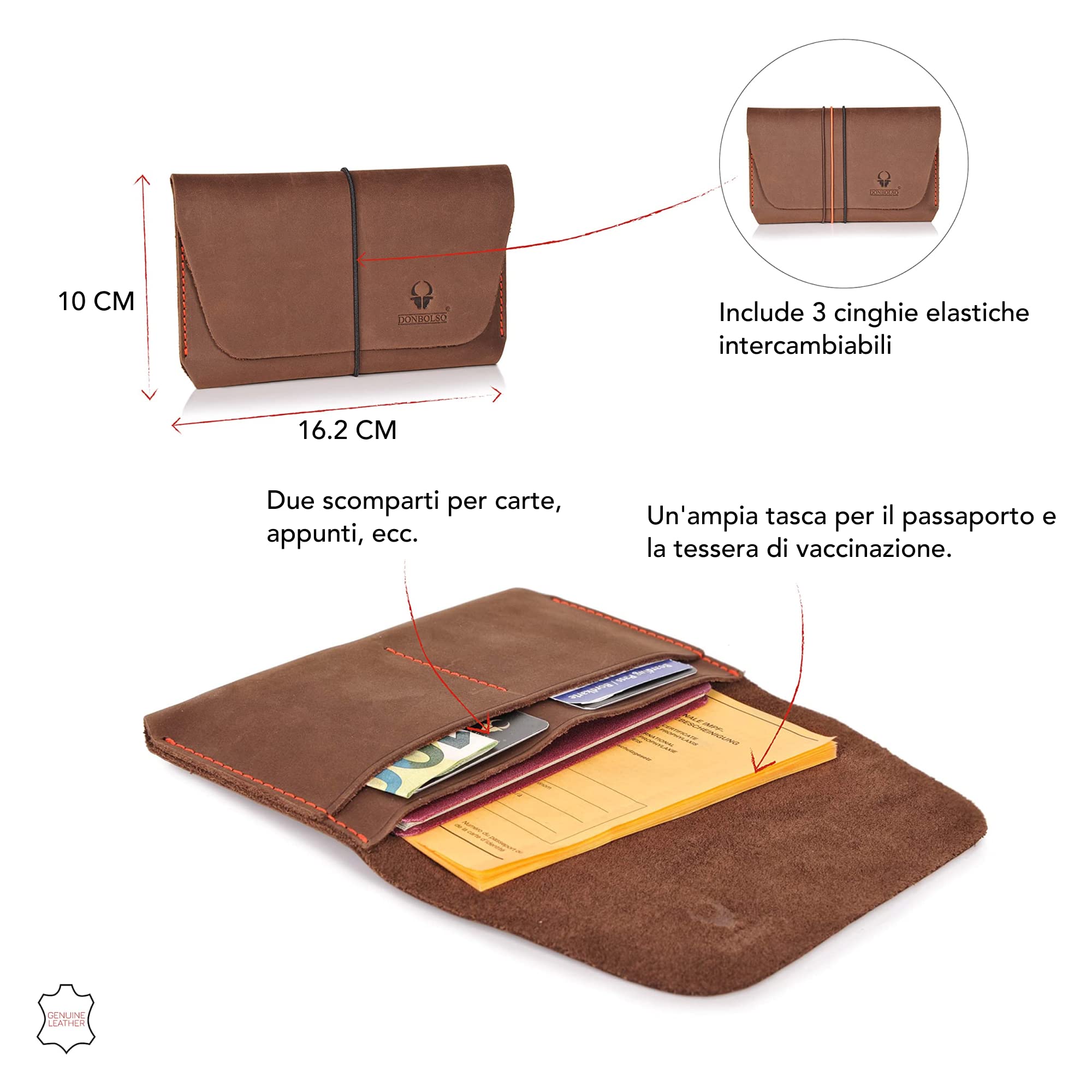 DONBOLSO Porta Passaporto da Viaggio Miami | Cartella Organizer per Passaporti in Pelle | Portadocumenti da Viaggio Uomo e Donna | Marrone
