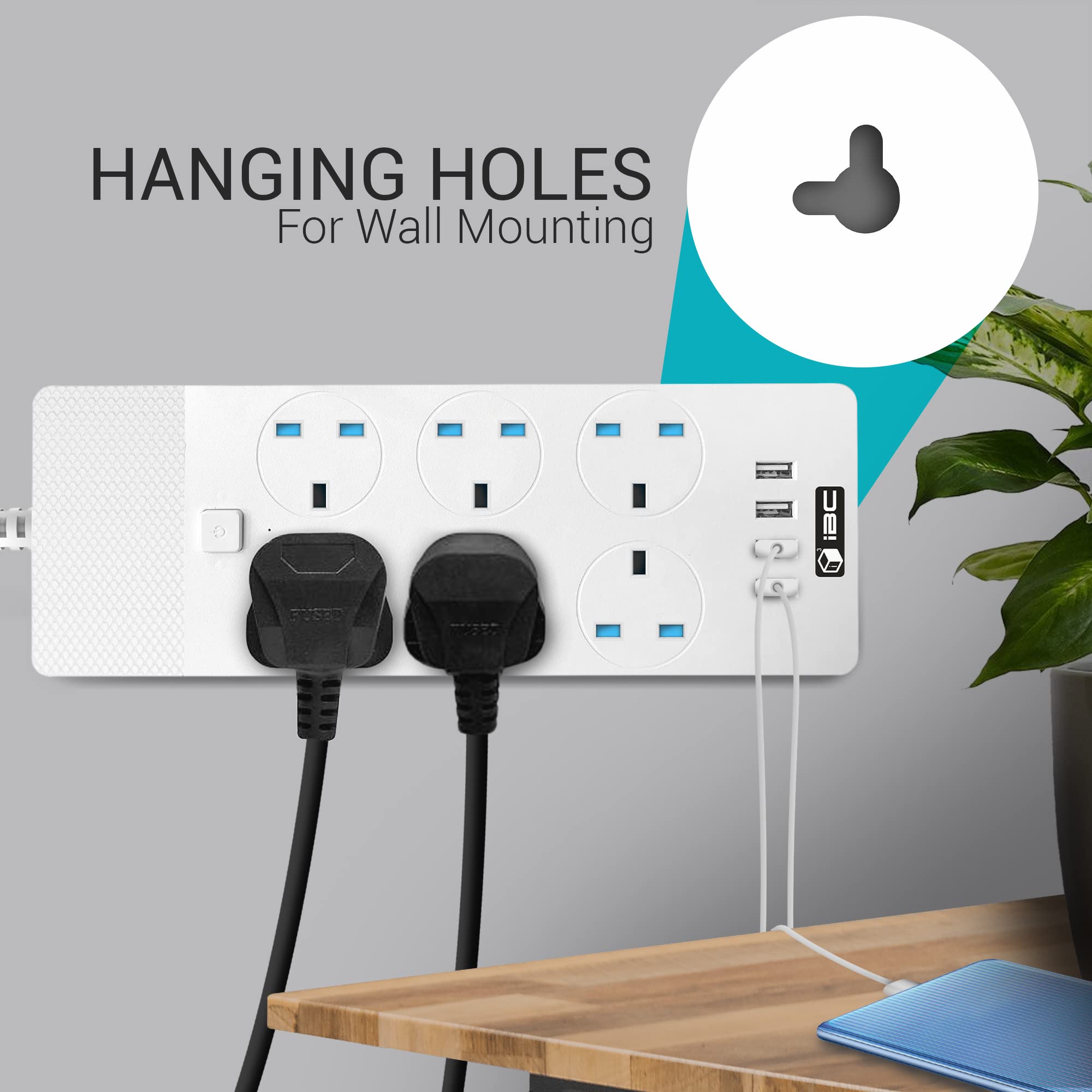 iBlockCube UK Extension Lead with 4 (2.1A) USB Hub, 6 Gang Electrical