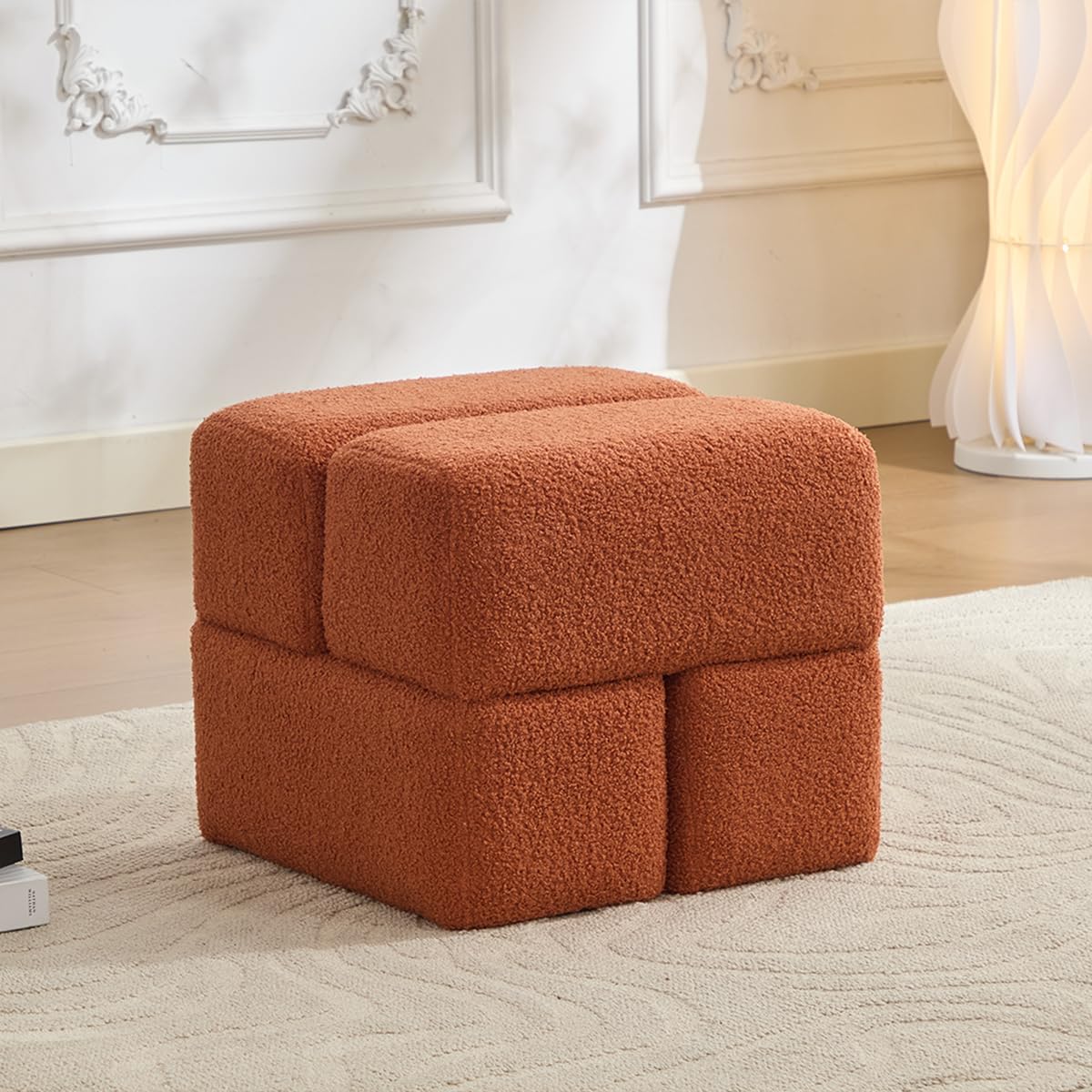 Modular Boucle Ottoman, Upholstered Cube Footstool, Soft Sherpa Fabric, Stackable Accent Ottoman