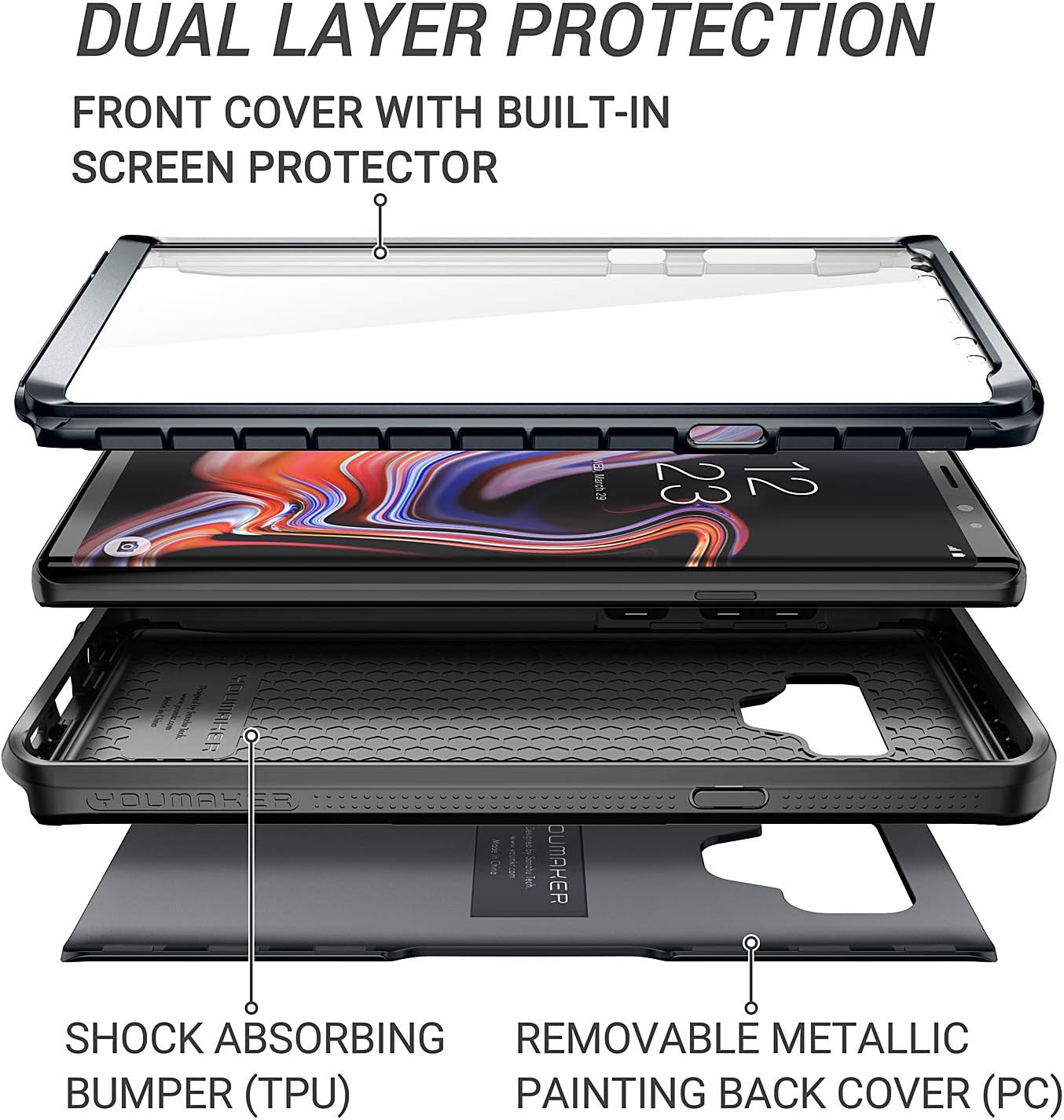 YOUMAKER Case for Galaxy Note 9, Glitter Texture Painting with Built-in Screen Protector Shockproof Rugged Cover for Samsung Galaxy Note 9 (2018) 6.4 Inch - Black