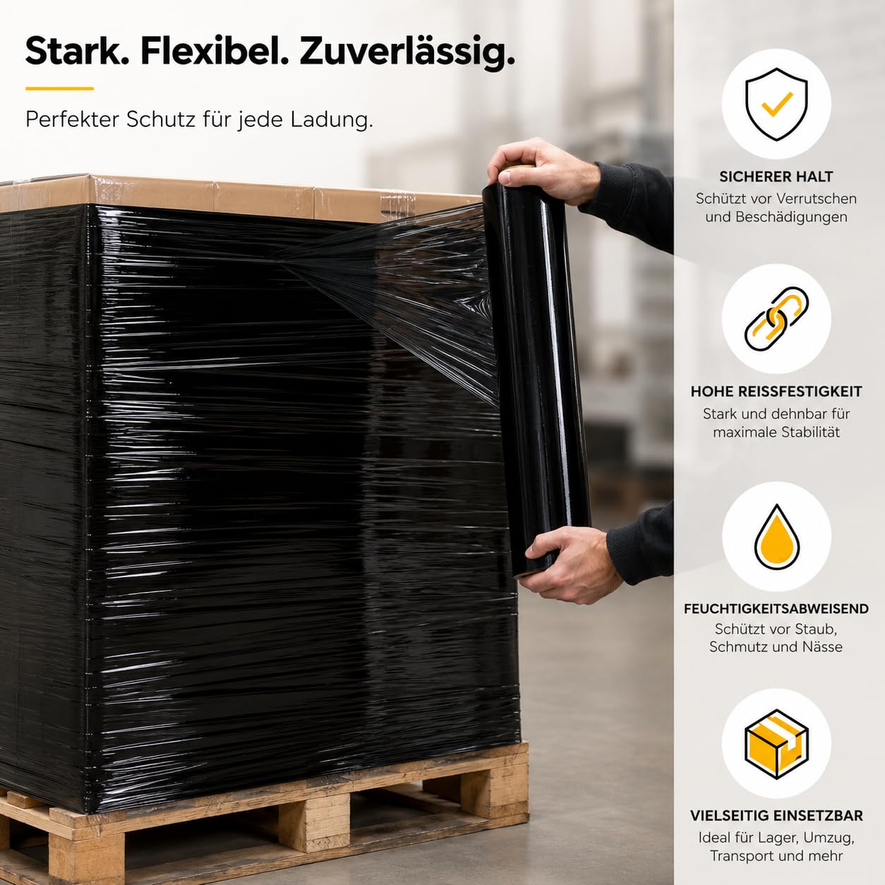 Stretchfolie Schwarz 23 µm 50 cm x 230 m 6 Rollen Handstretchfolie Palettenfolie Verpackungsfolie