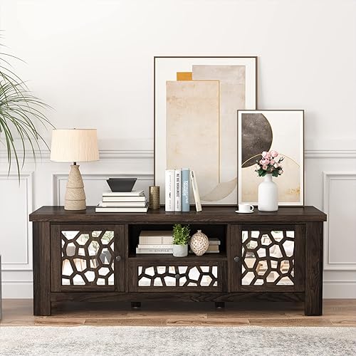 Miniatura 4 de Tangkula Soporte de TV para televisores de 60 pulgadas centro de entretenimiento retro con puertas decorativas de espejo acrílico gabinete de