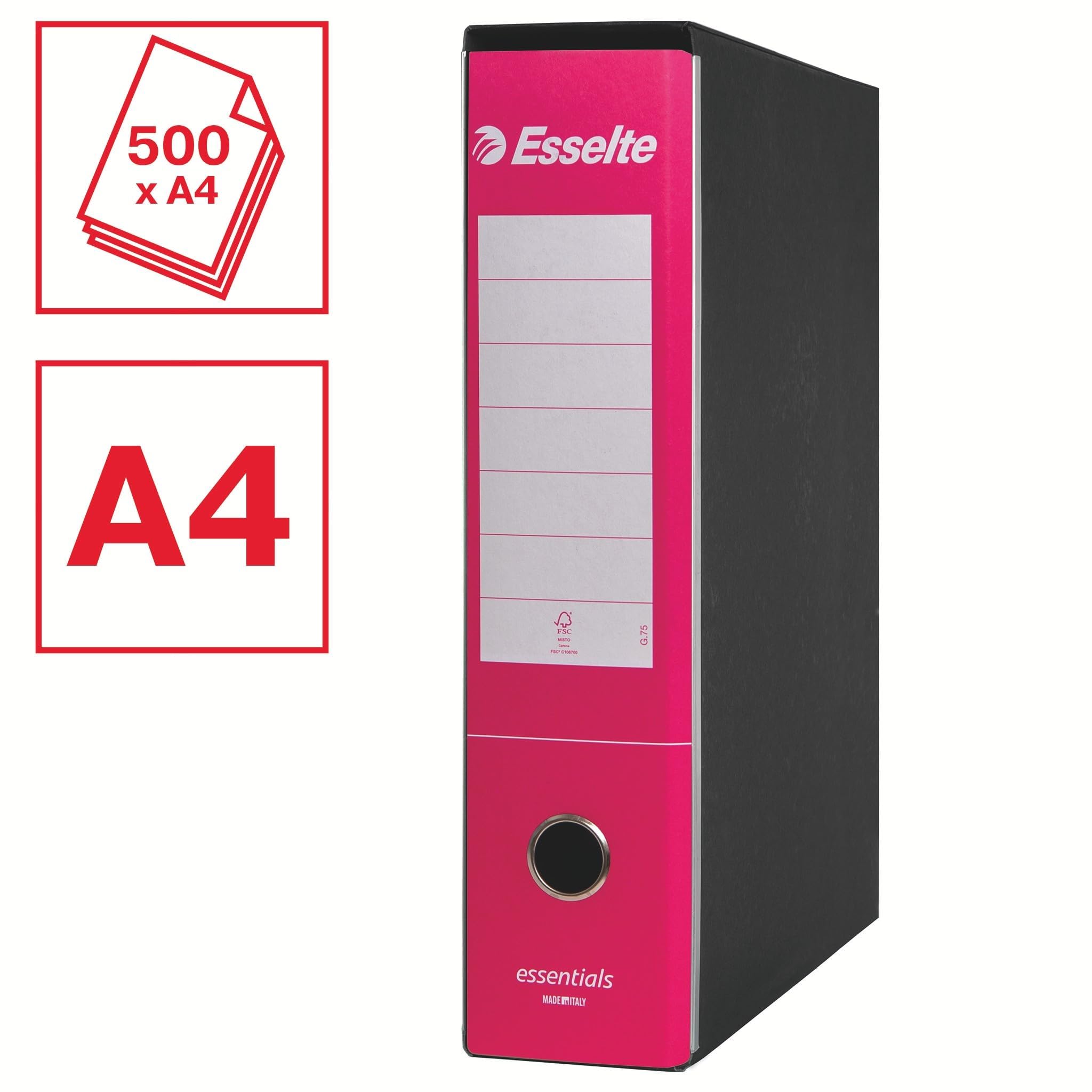 Esselte ESSENTIALS G75 Registratore con Custodia, con Meccanismo a Leva, in Formato Protocollo, 23x33cm, con Dorso da 8 cm, Fucsia, Conf.da 6 pezzi, 390775900 (Confezione da 2)