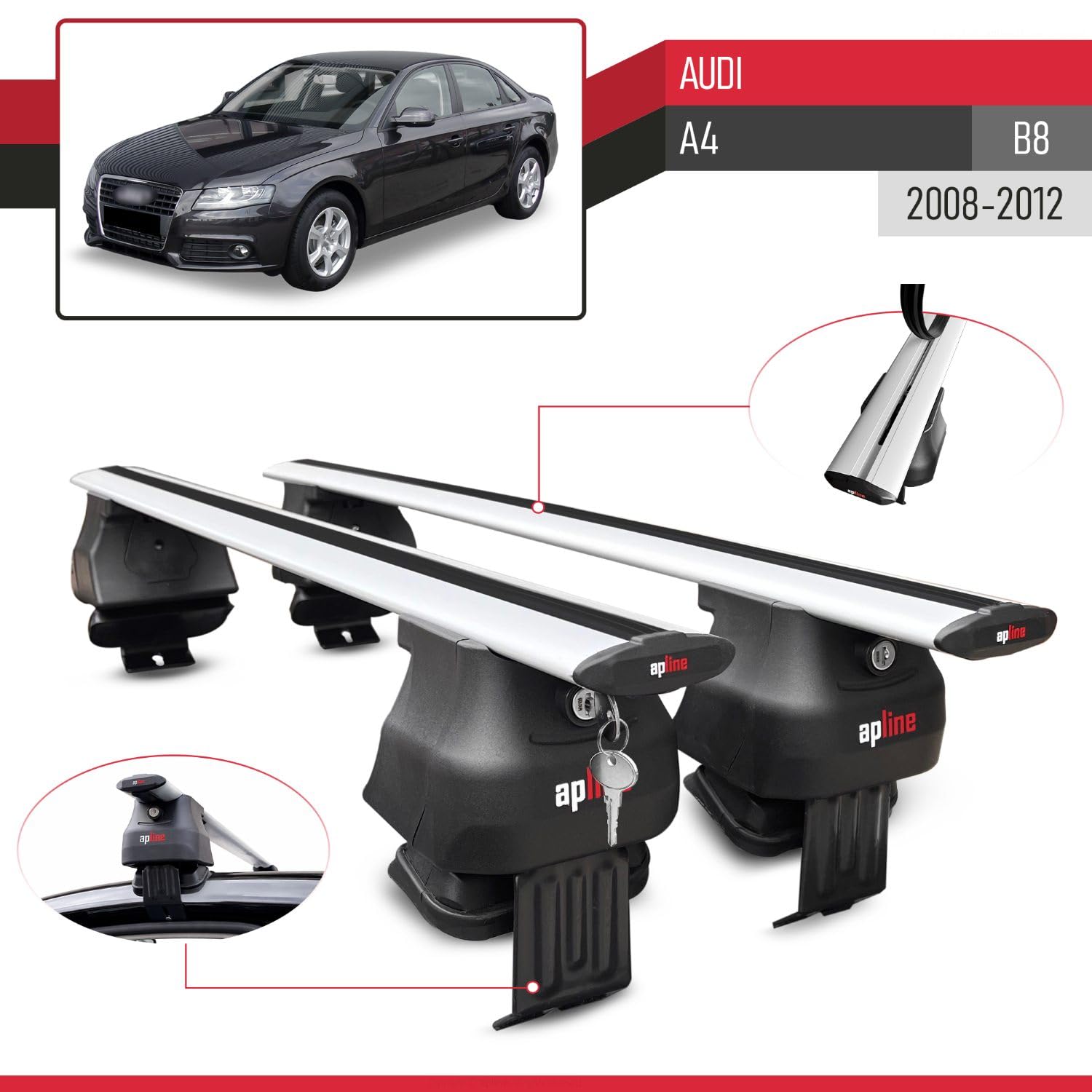 Kompatibel mit A4 (B8) Pre-Facelift 2008-2012 ACE-4 Relingträger Dachträger Auto Gepäckträger Grau Aluminium 2 Stangen