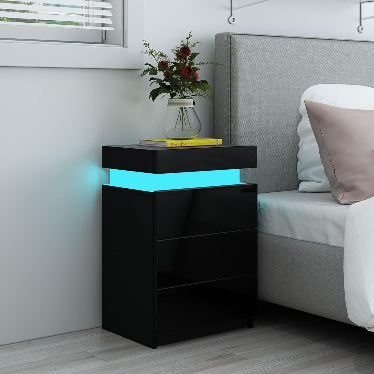 Led Bedside Table Black Gloss Bedroom Unit Sofa Table with 3 Drawers 16