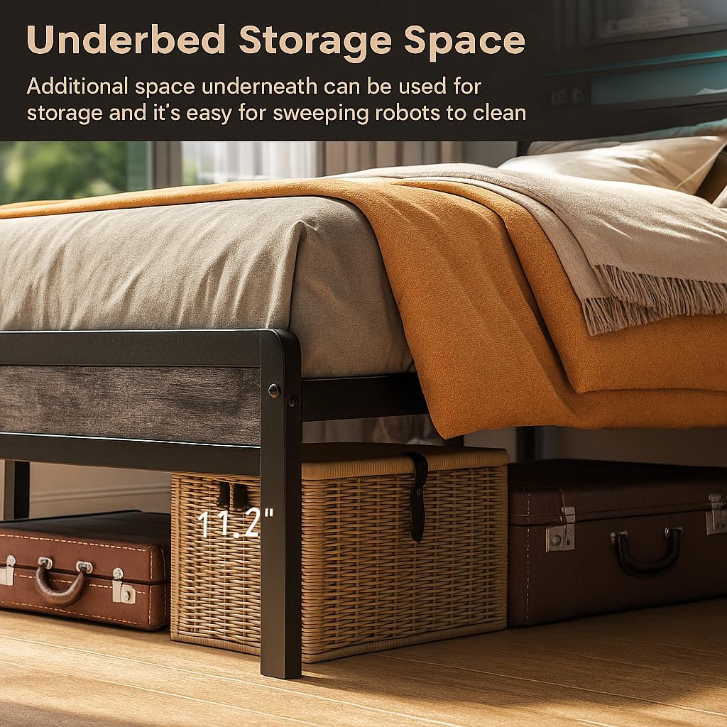 Homieasy Full Size Bed Frame with Headboard, Industrial Metal Full Bed Frame with Charging Station & LED Lights, Noise-Free Platform Bed, No Box Spring Needed, Black Oak
