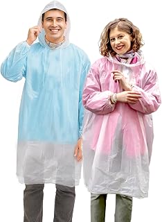 Eco-Friendly Rain Ponchos - Bio-degradable Disposable Clear Poncho with Drawstrings and Adjustable Hood, Family Pack of 5