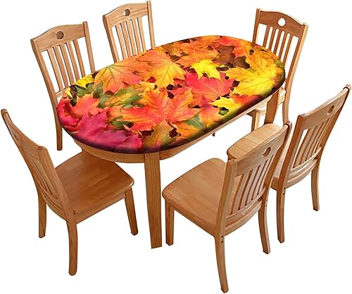 Miniatura 7 de RenteriaDecor Manteles ovalados de Navidad rojos, mantel ajustable elástico con estampado de copo de nieve dorado, fundas oblongas resistentes al