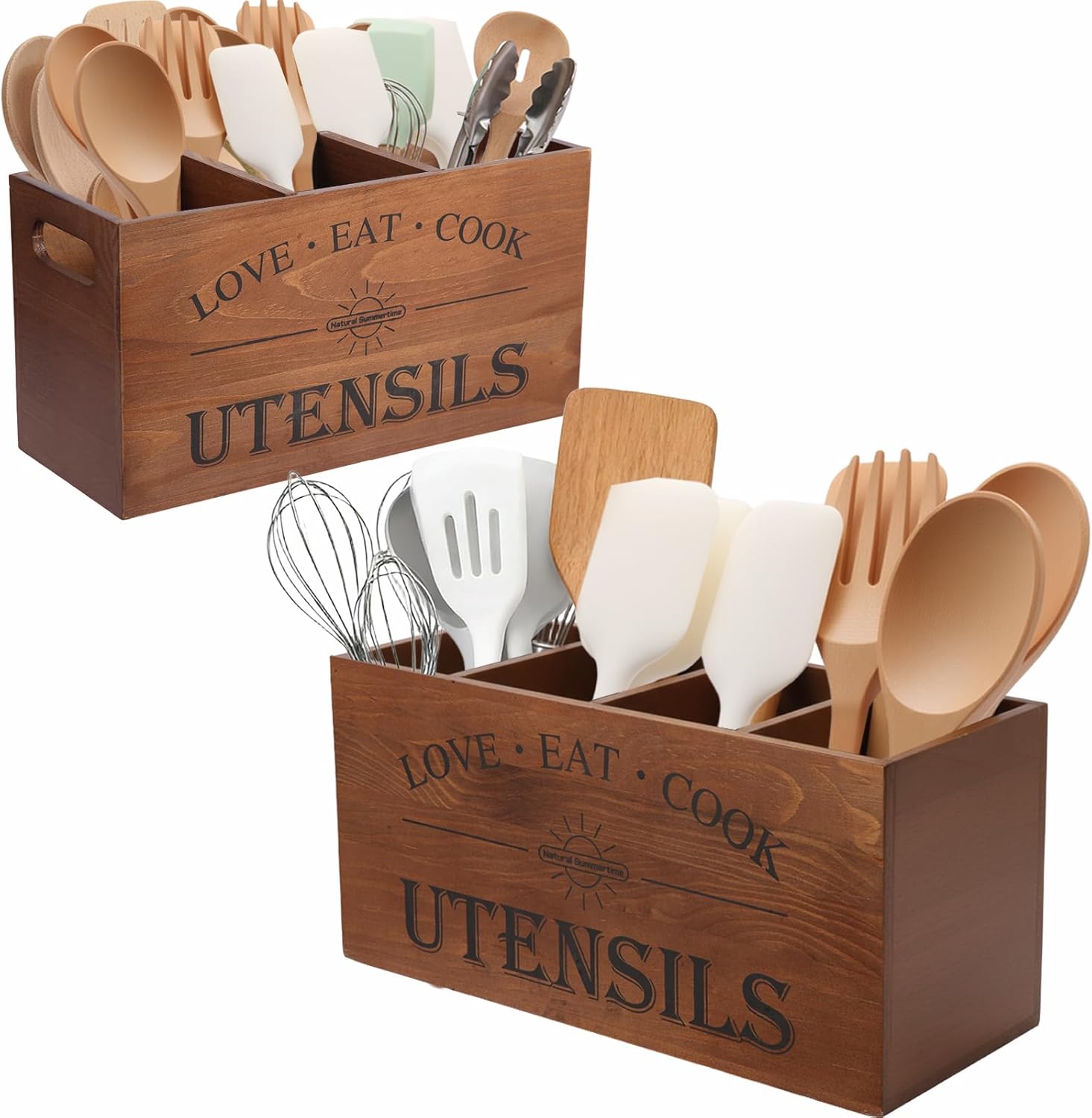 2 PC Wooden Utensil Holder,（With 4-Compartments size*1 + 3-Compartments size*1） Extra Large Kitchen Counter,Cooking Spatula Organizer,Farmhouse Decor, Rustic Cooking Utensil