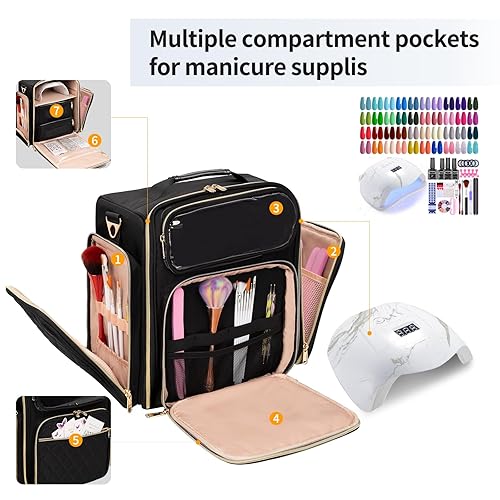 Miniatura 6 de OCHEAL Organizador de esmalte de uñas, capacidad para lámpara de uñas y más de 50 a 60 botellas, funda para esmalte de uñas con 2 bolsas