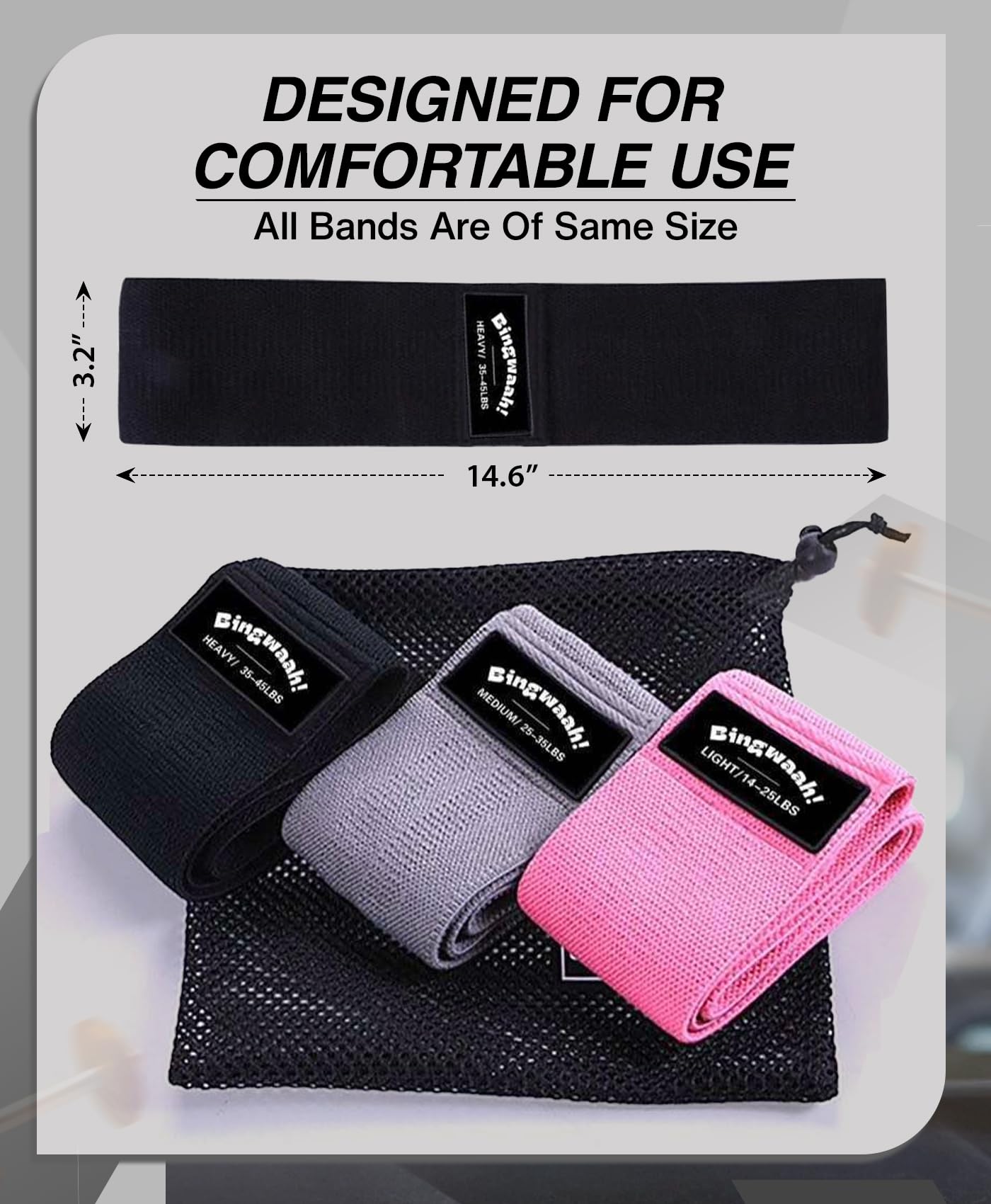 Bingwaah - Fasce di resistenza in tessuto per muscoli di tutto il corpo - Fasce di allenamento regolabili da 6,4 a 20,4 kg, leggere e portatili, con borsa da viaggio - ideali per allenamento di forza,