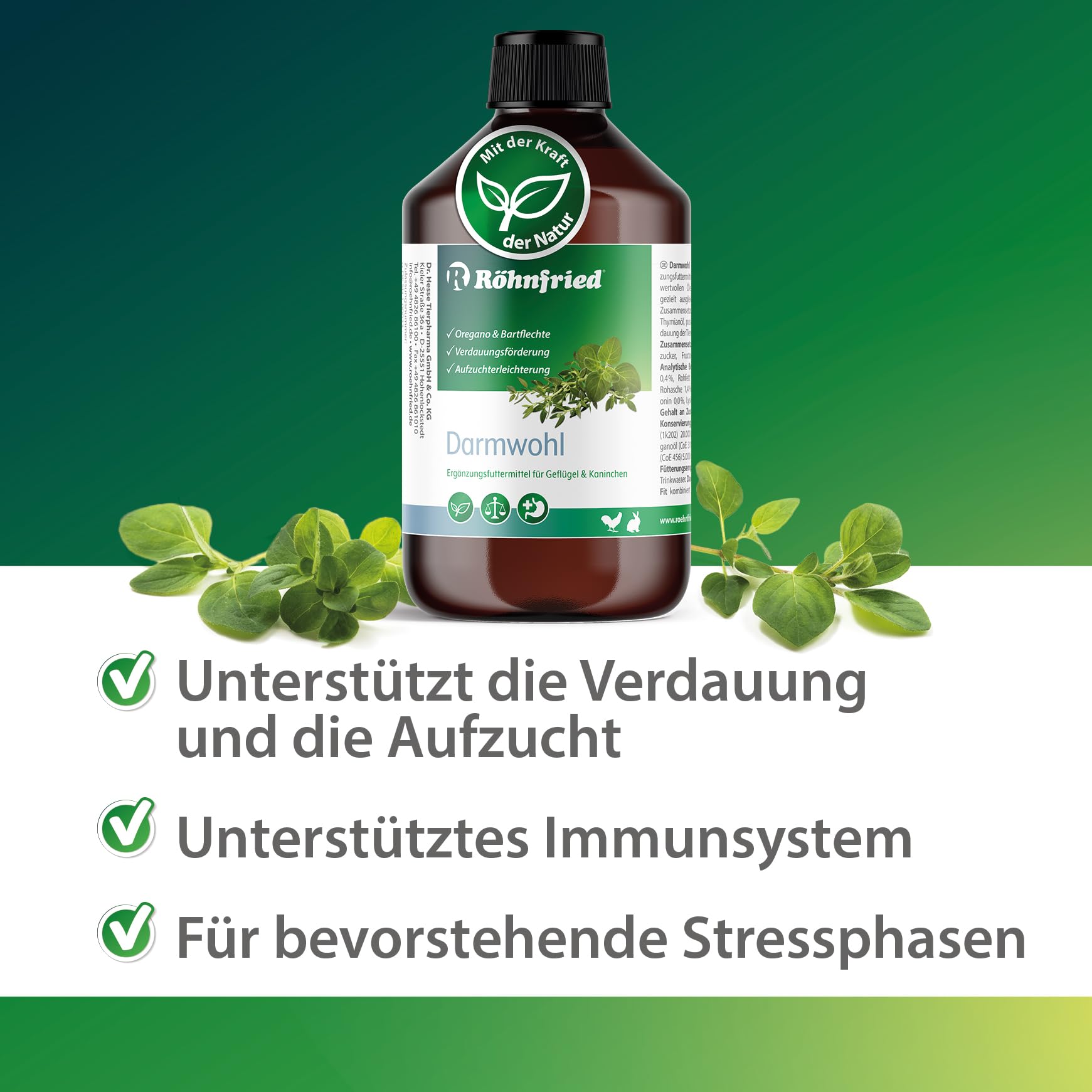 Röhnfried Darmwohl 500ml für Nager, Geflügel & Kleintiere I unterstützt Verdauung & Aufzucht I mit Oregano- & Thymianöl