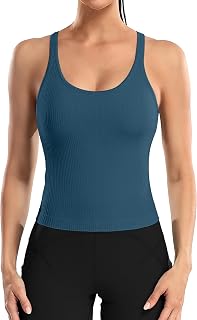 Women Ribbed Workout Crop Tops with Built in Bra Yoga Racerback Tank Top Tight Fit