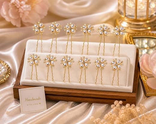 LUVORA Pins for hair bun – Pack of 12 wedding Golden U Pins with Pearls &amp; Rhinestones for Women &amp; Girls and bridal beauty ...
