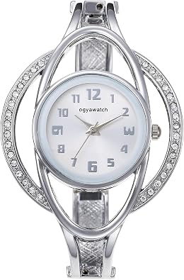 JewelryWe Bracelet Watches for Women Stainless Steel Chunky Cuff Wrisrwatch - Analog Quartz Arabic Numerals Dial with Zircon Hollow Bezel Case - for Daily Office
