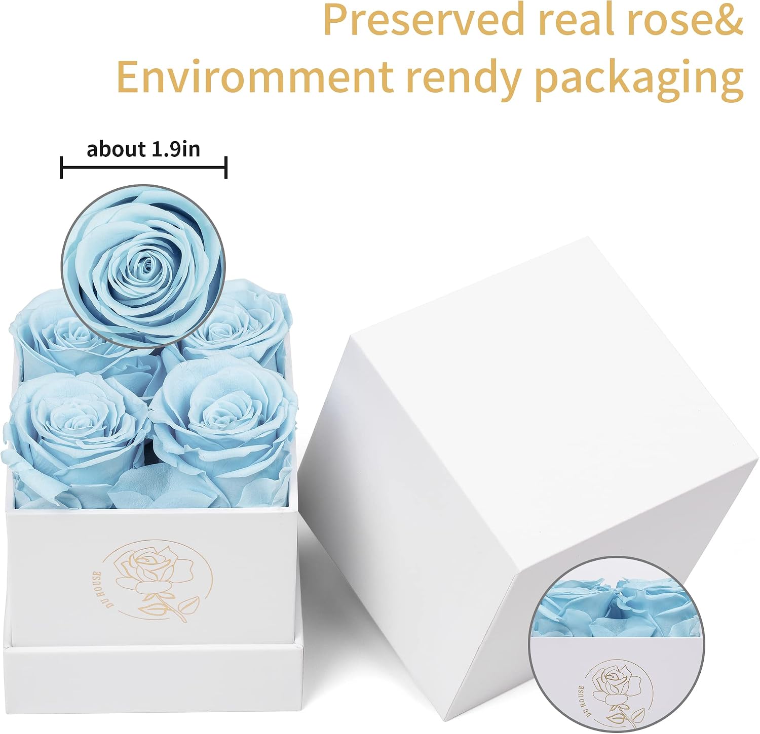 DuHouse 4pcs Preserved Rose Box of Forever Flower Eternal Roses Preserved Flowers for Valentine Gift Birthday Thanksgiving(Sky Blue)