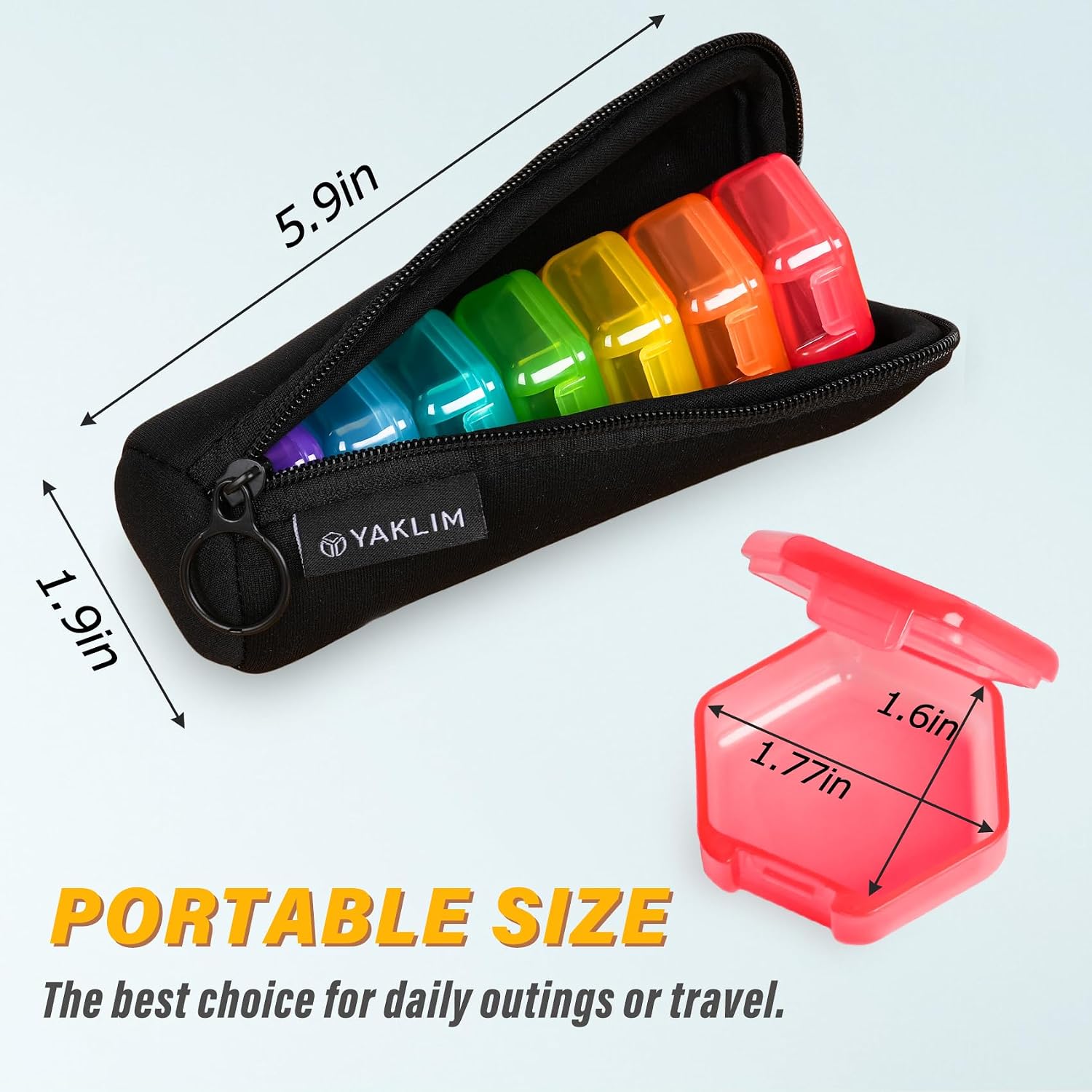 Yaklim Small Pill Case, 7 Pack Mini Pill Box with Bag, BPA Free | Portable Travel Pill Box, Pocket Purse Briefcase Use, 7 Individual Pill Containers for Vitamin Fish Oils and Supplements