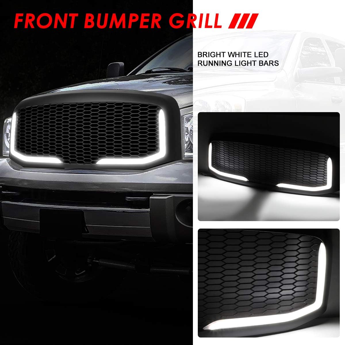 Auto Dynasty Front Grille Grill with L-LED Daytime Running Lights Compatible with 2006-2009 Dodge Ram 1500 2500 3500, Honeycomb Mesh Style Front Bumper Grille, Matte Black