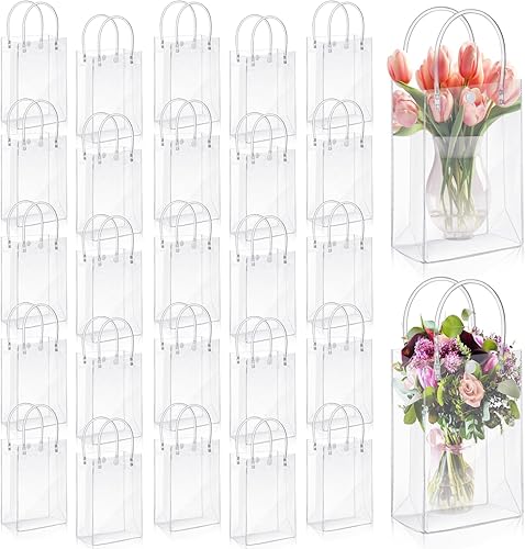 Miniatura 8 de LEIFIDE 50 bolsas de regalo transparentes con asas, bolsas de regalo de plástico PVC transparentes, reutilizables, bolsas de dulces para bodas,