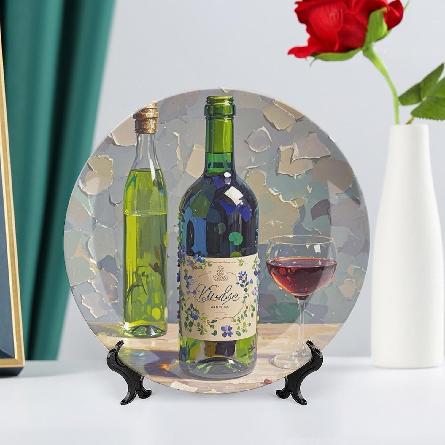 Wine Bottles Art Bone China Decorative Plate with Stand, Ceramic Ornaments for Wall Hanging Decor, Porcelain Dinner Dish Decor Plates for Home, Office, Hallway, Table 10inch