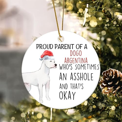Miniatura 5 de Adorno redondo de Navidad Proud Parent of A Dogo Argentina Who's Sometimes an Asshole, adorno de cerámica para amantes de los perros, 3.2 pulgadas,